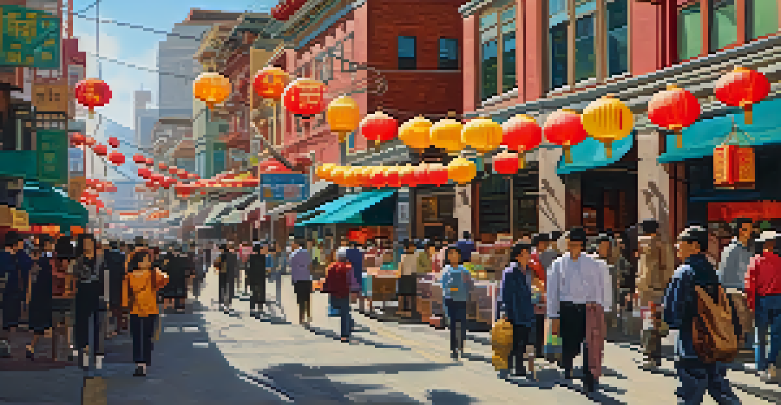 A bustling street scene in Chinatown, San Francisco, featuring colorful banners, lanterns, and diverse groups of people shopping.