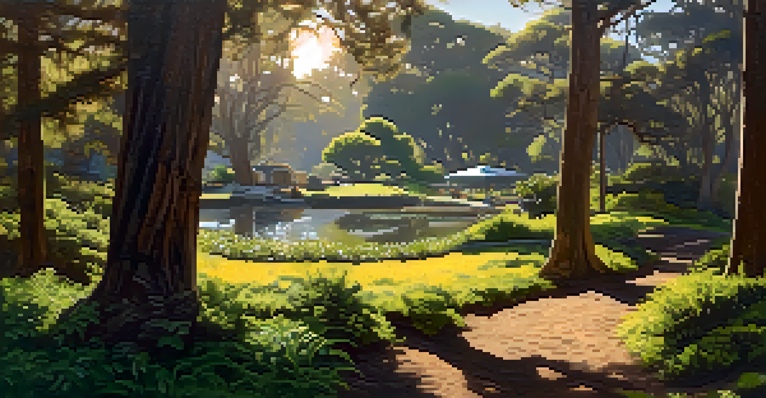 A peaceful landscape of Golden Gate Park, featuring greenery, a pond, and hints of historical camps from the Gold Rush era.