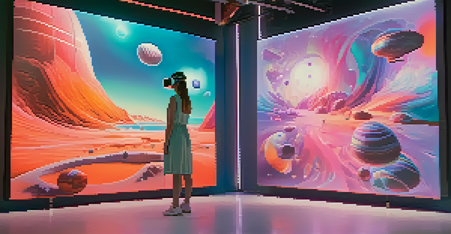 A person experiencing a virtual reality art installation in a modern studio, surrounded by floating digital art pieces.