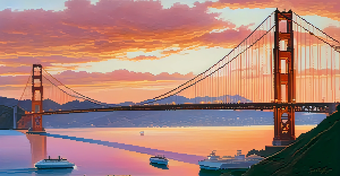 A scenic sunset view of the Golden Gate Bridge with a colorful sky and the San Francisco skyline in the background.