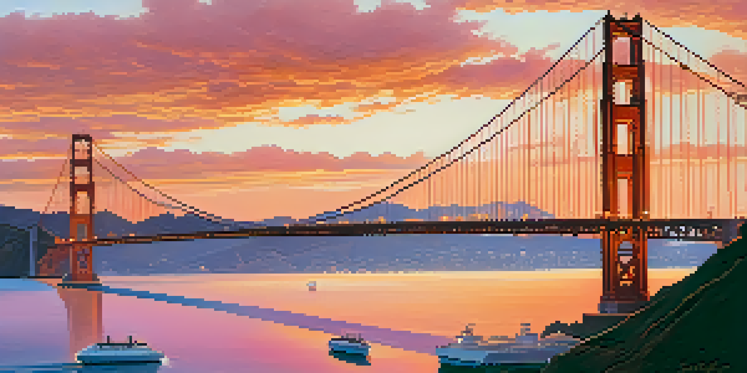 A scenic sunset view of the Golden Gate Bridge with a colorful sky and the San Francisco skyline in the background.