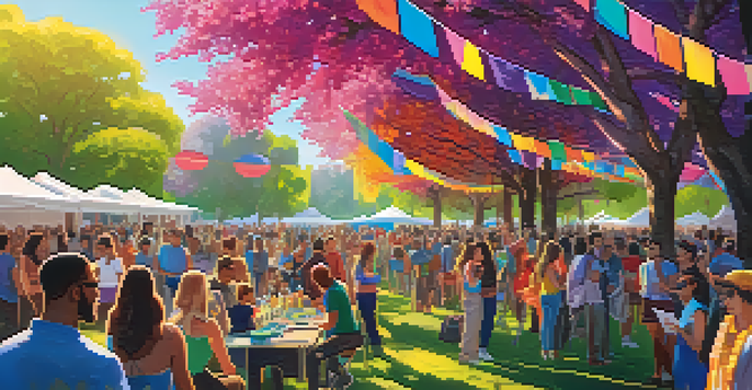A lively outdoor festival scene with diverse attendees celebrating LGBTQ+ culture under bright banners and trees.