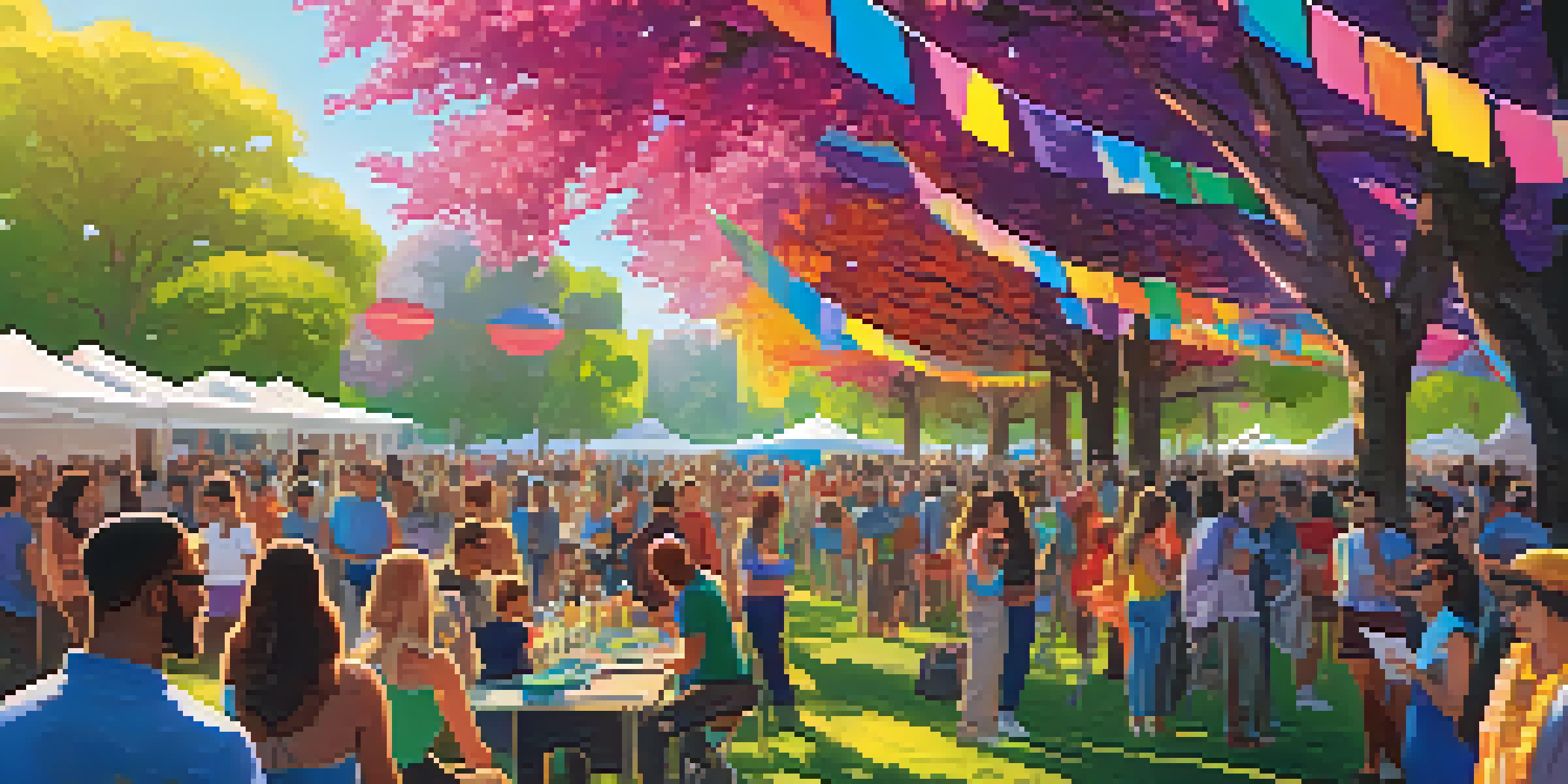 A lively outdoor festival scene with diverse attendees celebrating LGBTQ+ culture under bright banners and trees.