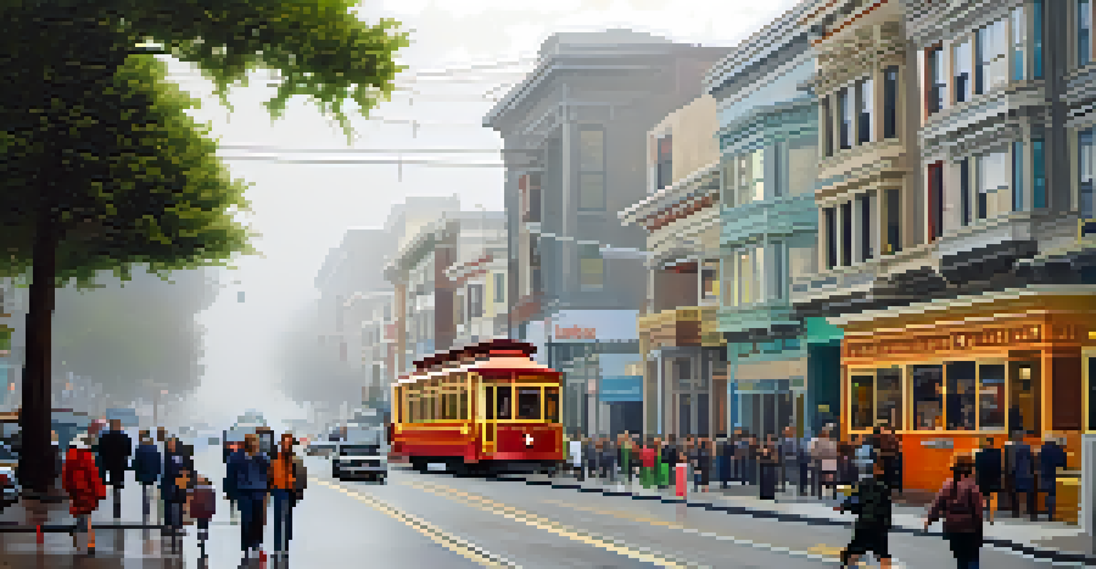 A street scene in San Francisco during 'June Gloom' showing one side sunny and the other overcast with fog, highlighting the city's architecture and urban greenery.