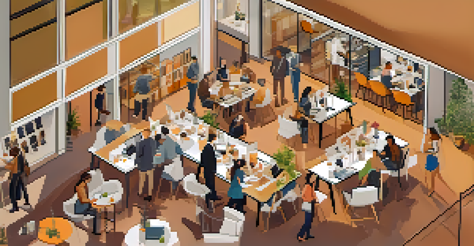 An aerial view of a networking event in a coworking space, showing people interacting and enjoying refreshments in a warm, inviting atmosphere.