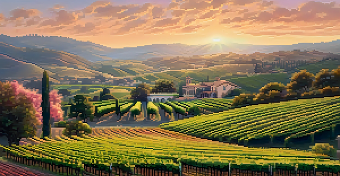 A scenic view of Napa Valley at sunset, featuring rolling hills and vineyards, with a luxurious vineyard estate in the foreground.