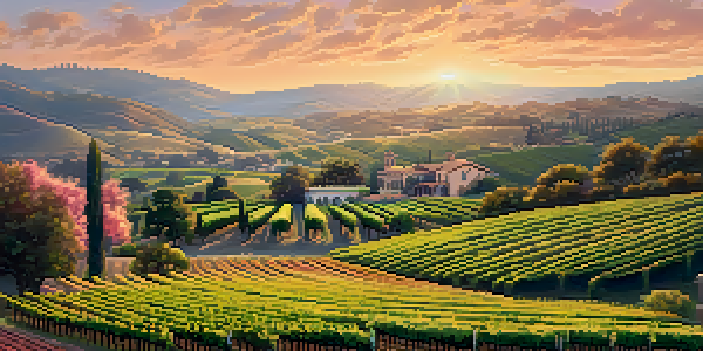 A scenic view of Napa Valley at sunset, featuring rolling hills and vineyards, with a luxurious vineyard estate in the foreground.