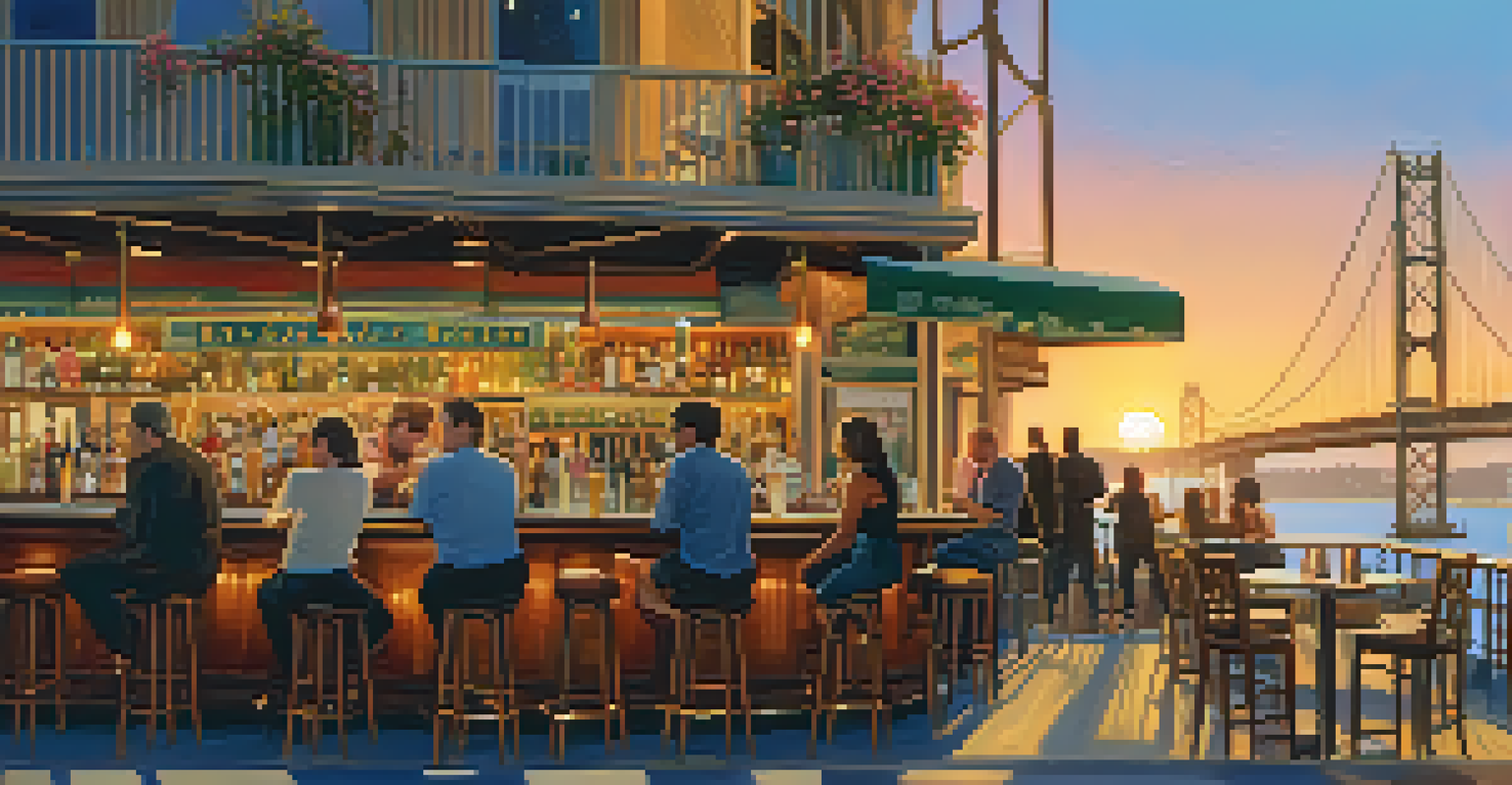 A rooftop bar in North Beach at sunset, with people enjoying drinks, small plates, and a view of the Bay Bridge in the background.