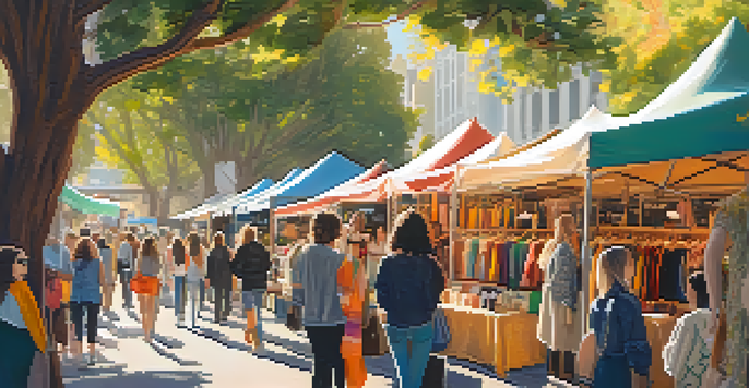 A lively outdoor market in San Francisco focused on sustainable fashion, with colorful stalls and diverse shoppers under warm sunlight.