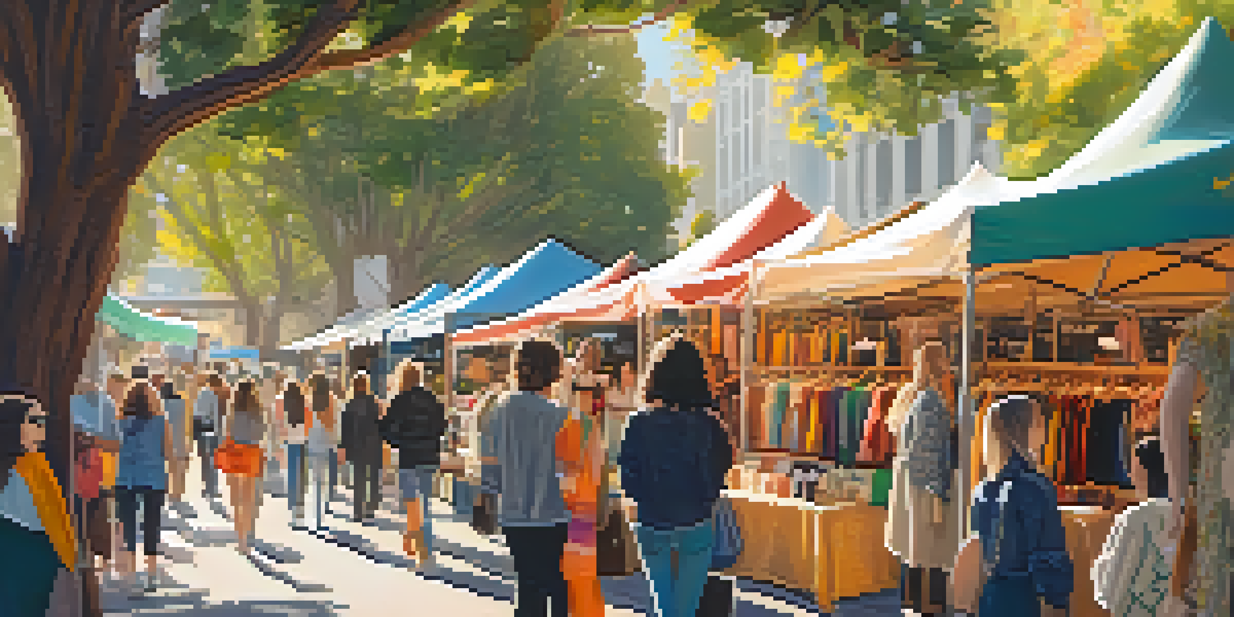 A lively outdoor market in San Francisco focused on sustainable fashion, with colorful stalls and diverse shoppers under warm sunlight.