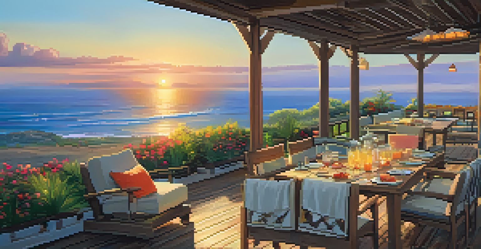 A wellness retreat deck overlooking the ocean at sunset, with healthy meals and colorful seating.