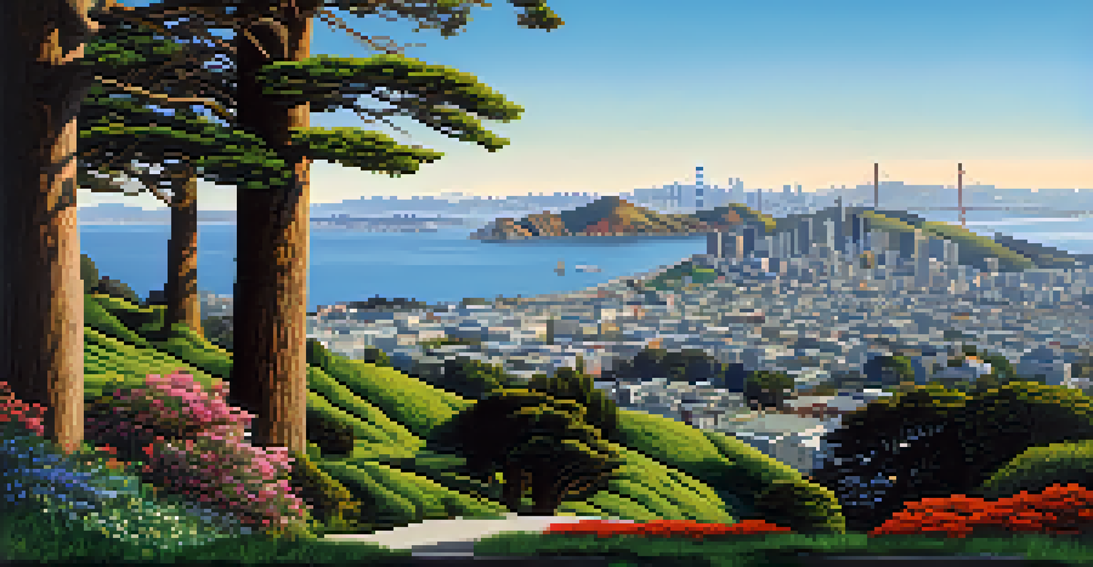 A panoramic view from Twin Peaks overlooking San Francisco, with hills in the foreground and the Golden Gate Bridge in the distance.