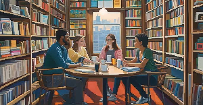 Inside City Lights Bookstore, diverse writers discuss around a wooden table filled with coffee cups and notebooks, surrounded by colorful bookshelves.