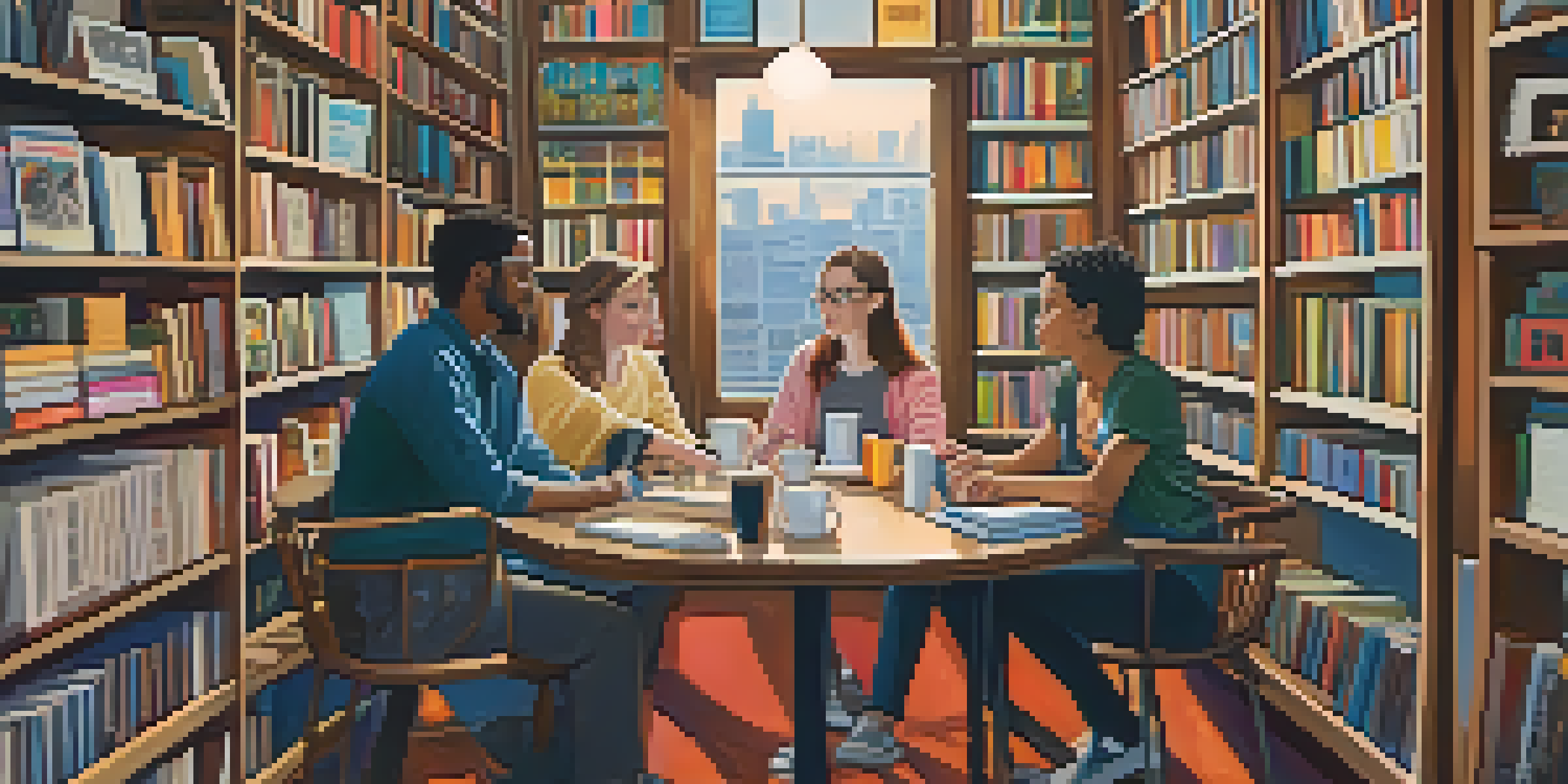 Inside City Lights Bookstore, diverse writers discuss around a wooden table filled with coffee cups and notebooks, surrounded by colorful bookshelves.