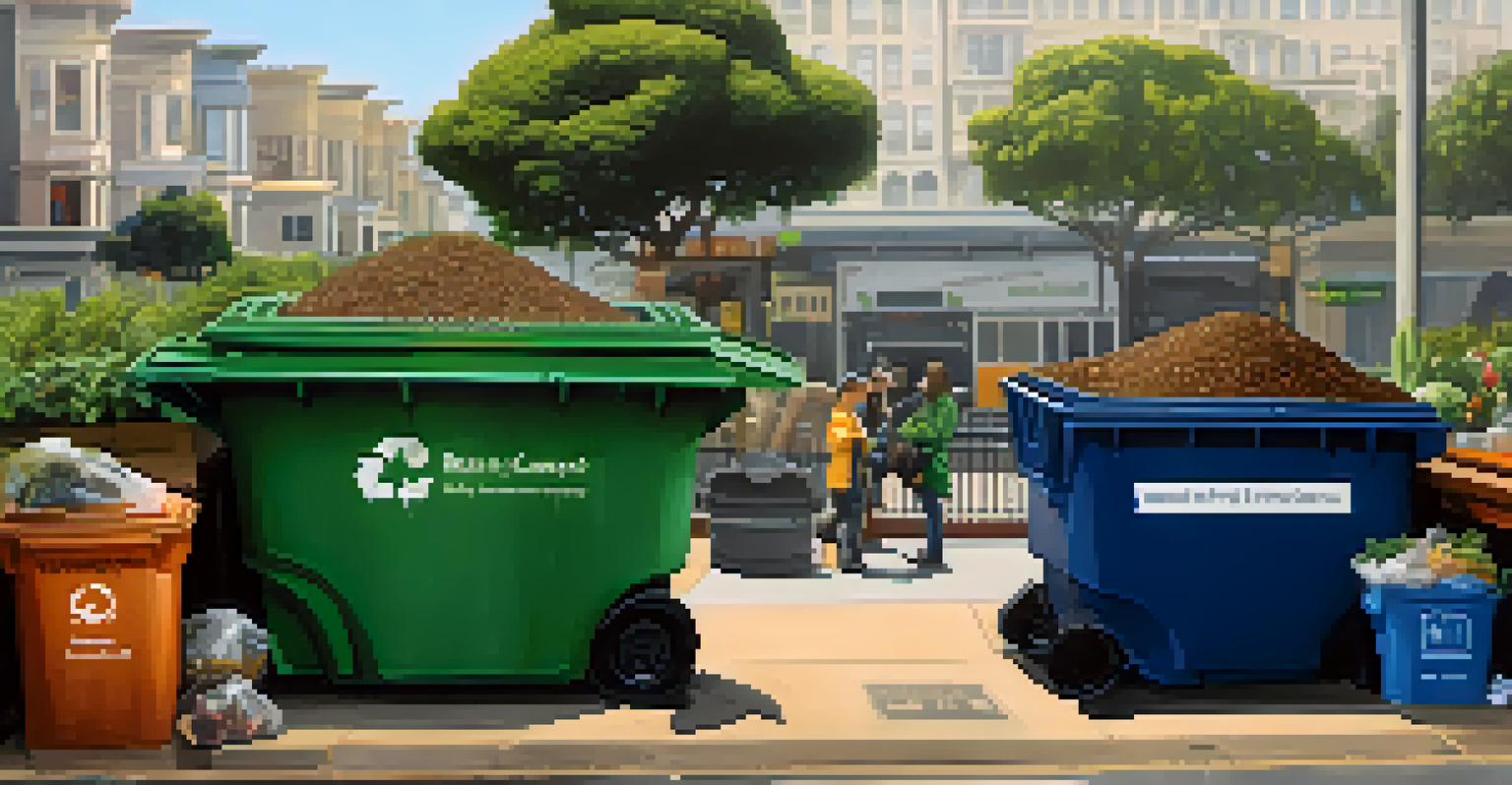 A close-up of a recycling and composting station with bins for compost, recycling, and landfill, as people sort their waste in an urban setting.