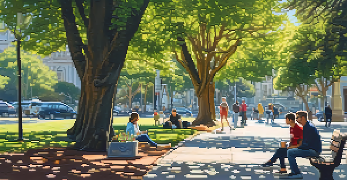 A vibrant park scene in North Beach, San Francisco, with green grass, trees, and the Saints Peter and Paul Church in the background. Locals are enjoying coffee and children are playing.