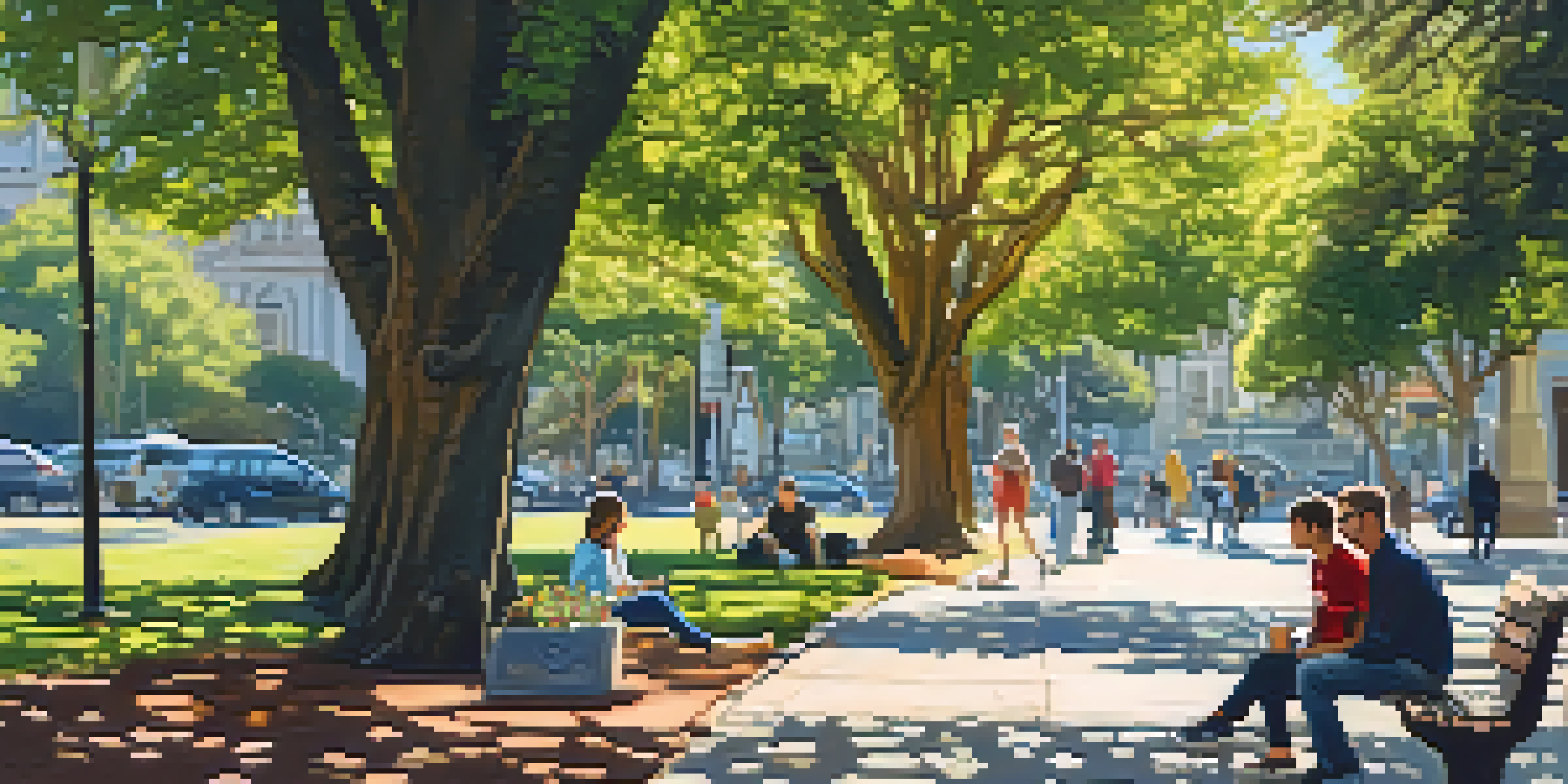 A vibrant park scene in North Beach, San Francisco, with green grass, trees, and the Saints Peter and Paul Church in the background. Locals are enjoying coffee and children are playing.