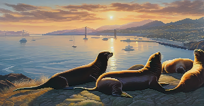 A sunset view of the San Francisco Bay with sea lions on rocks and the city skyline in the background.