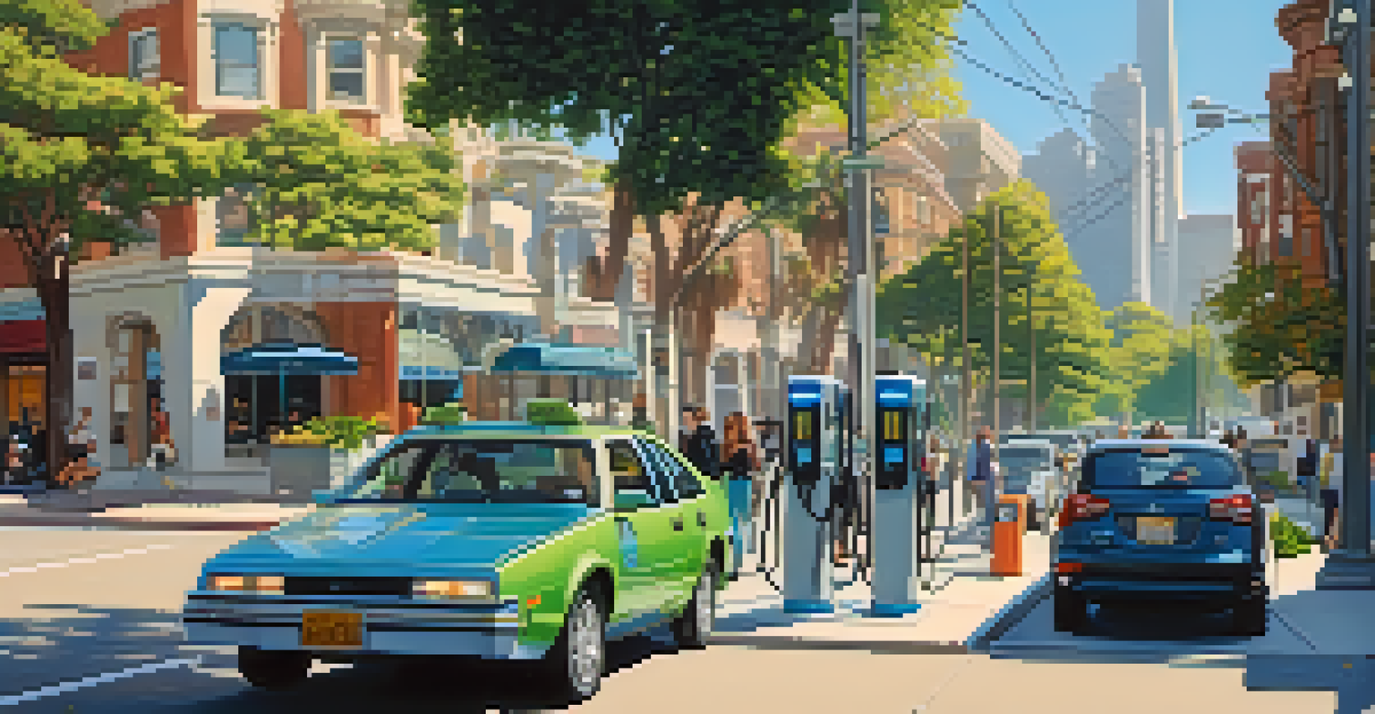 A street scene in San Francisco with electric vehicles at a charging station and people using smartphones amidst greenery on the sidewalks.