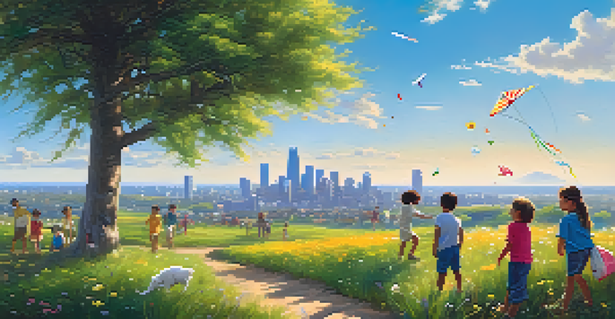 A clear blue sky with clouds over a green field where children are flying a kite, and a city skyline is in the background.