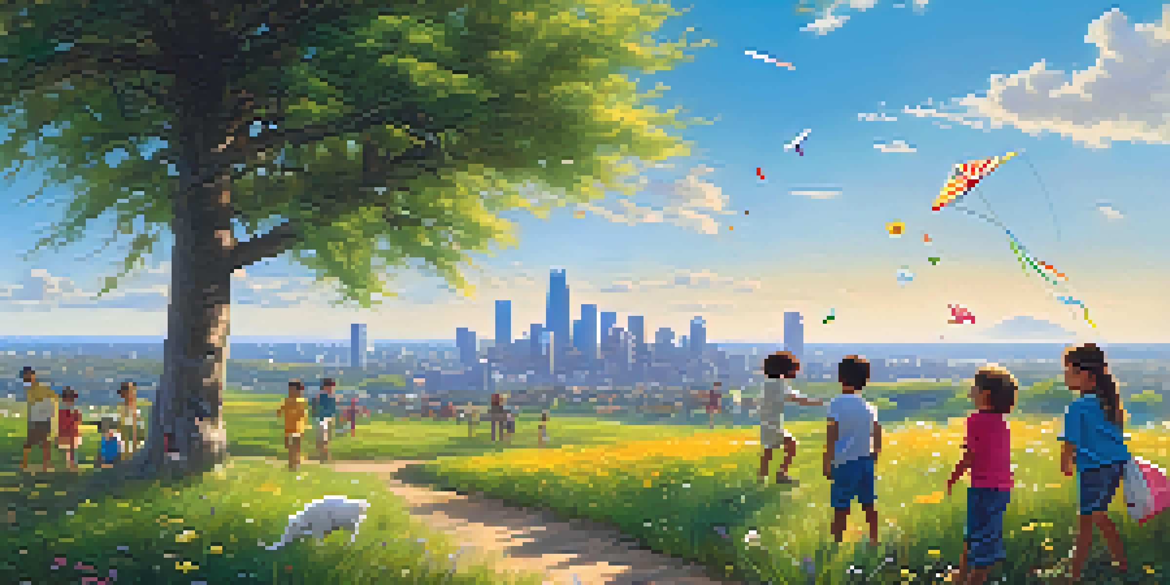 A clear blue sky with clouds over a green field where children are flying a kite, and a city skyline is in the background.