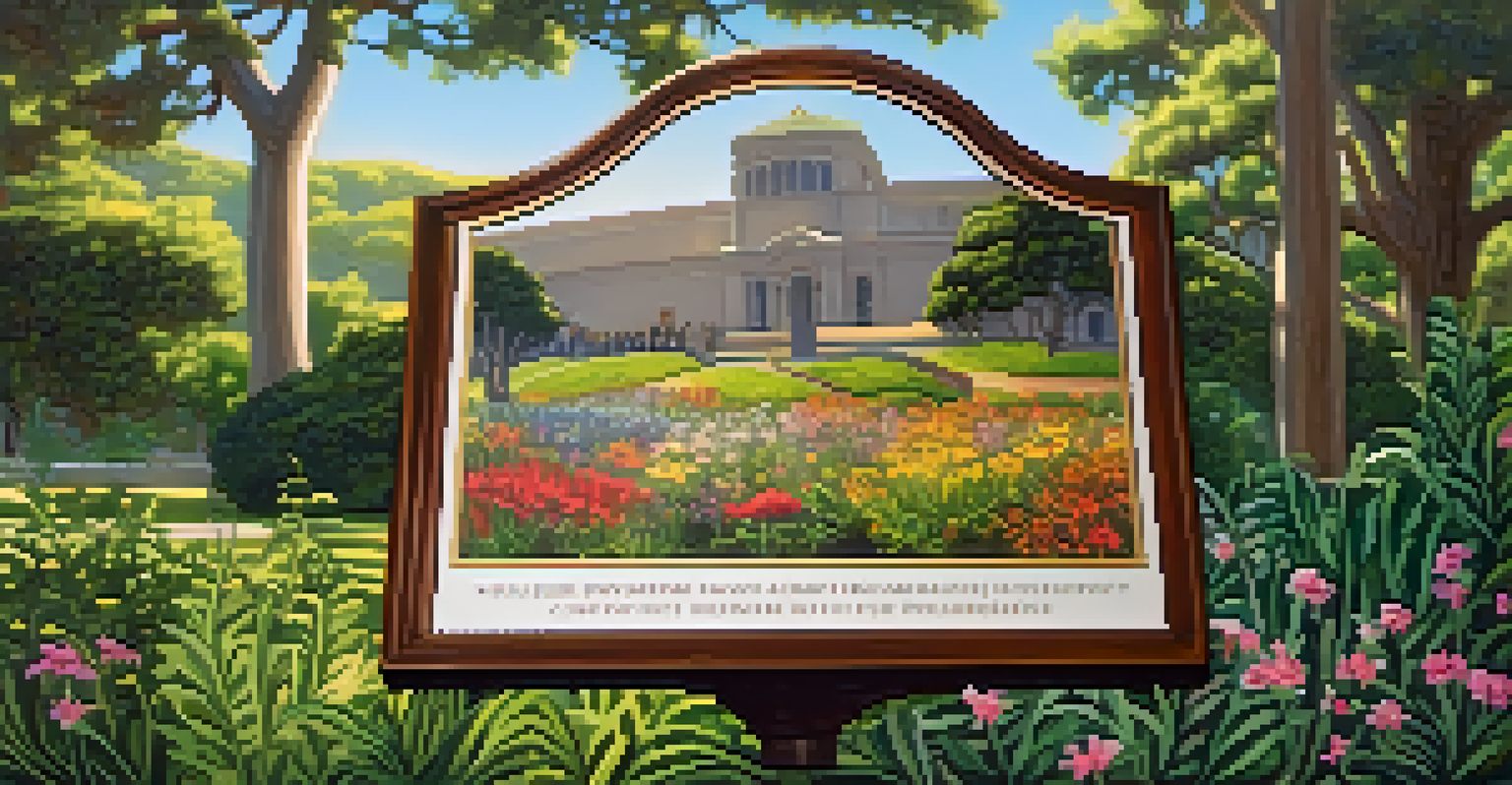 A close-up of a historical plaque at the Presidio, surrounded by wildflowers and greenery, capturing the site's military history.