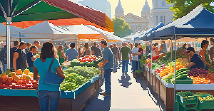 A lively farmers market with bright stalls of fresh produce and people shopping, with the Ferry Building in the background.