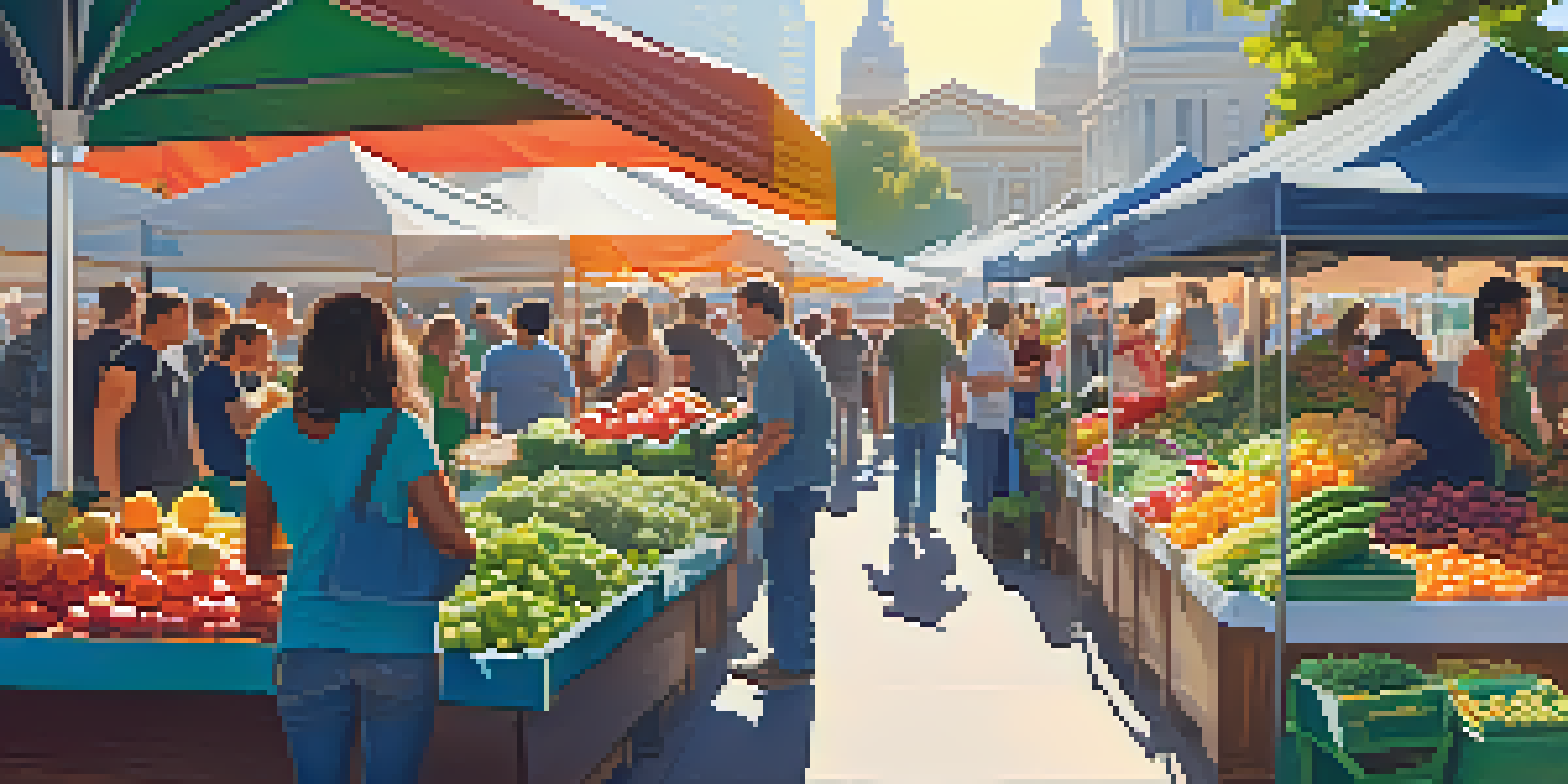 A lively farmers market with bright stalls of fresh produce and people shopping, with the Ferry Building in the background.