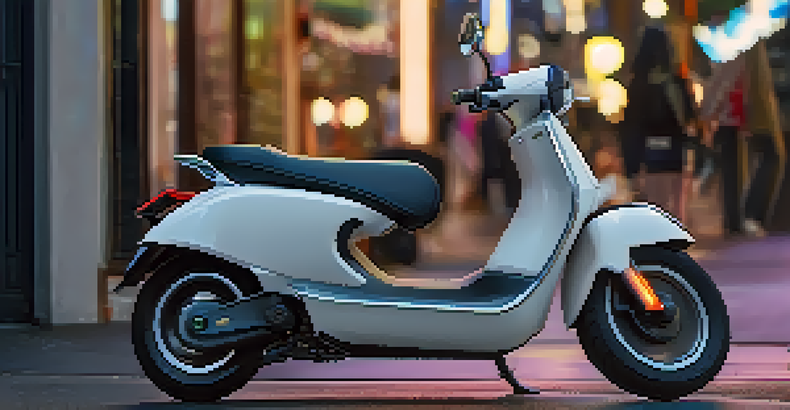 A close-up of an electric scooter against an urban backdrop, featuring a smartphone on the handlebar showing a scooter-sharing app, illuminated by soft evening lights.