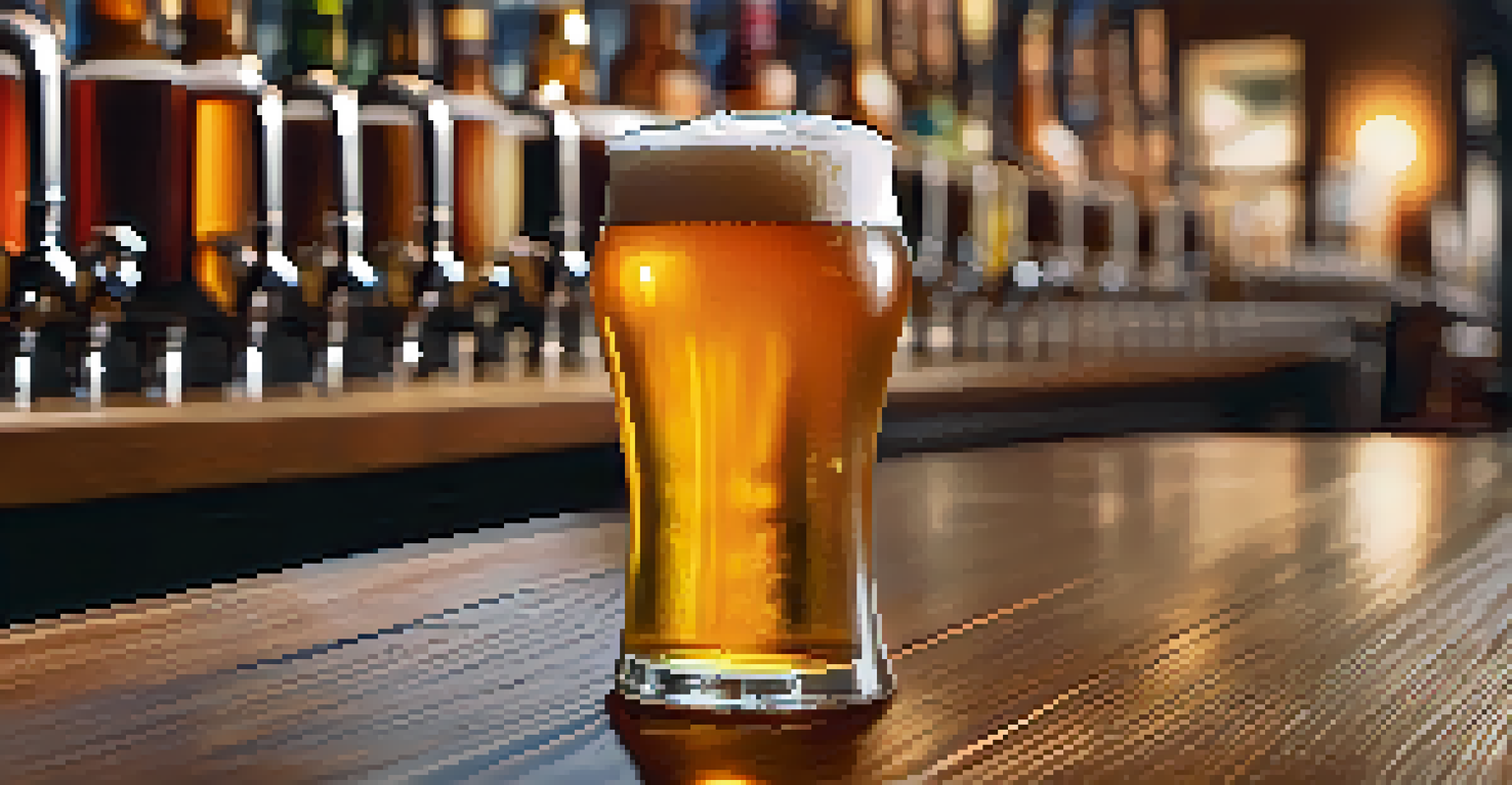 Close-up of a pint of golden craft beer on a bar top with a frothy head.