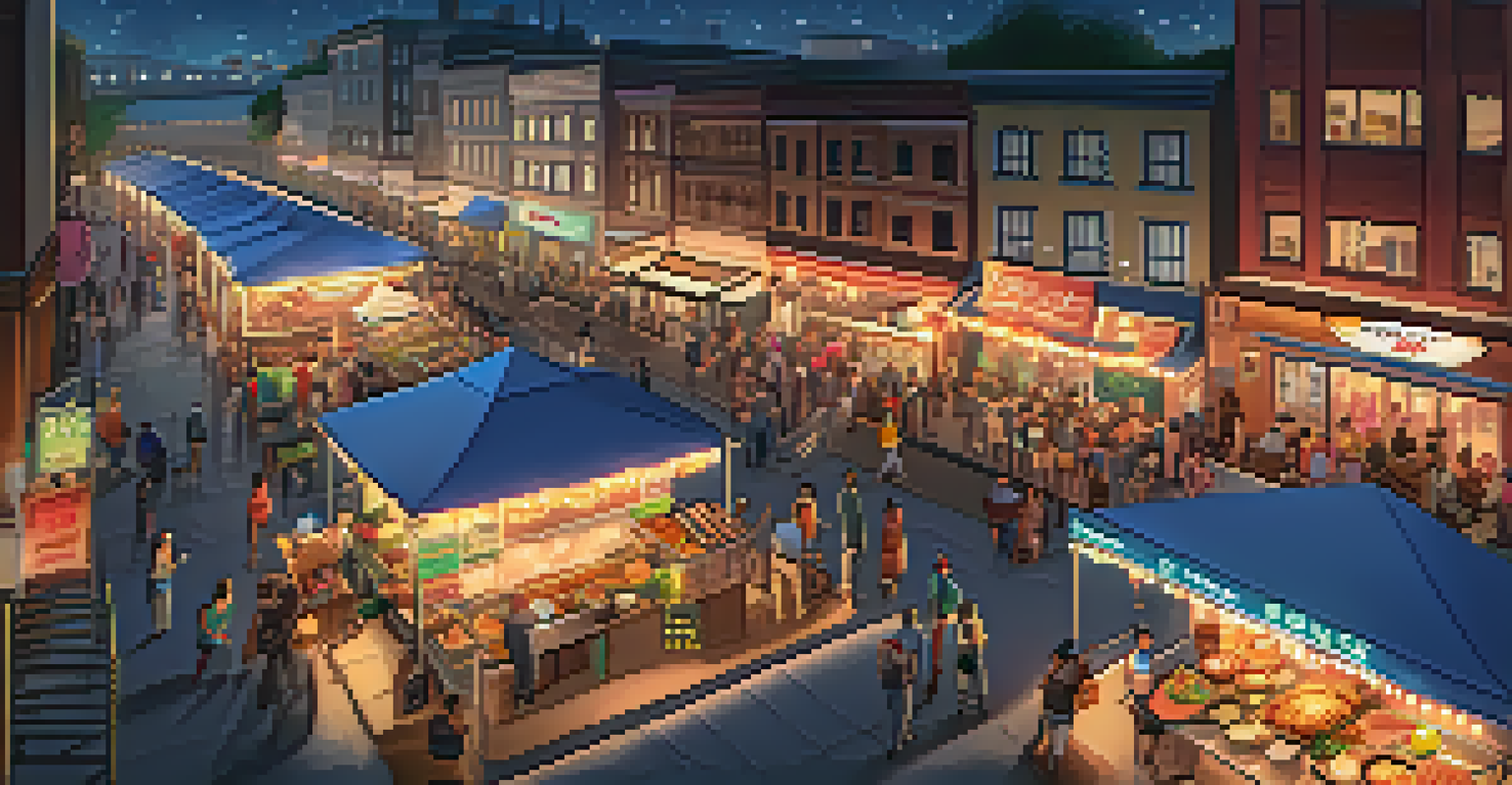 An aerial view of a night street food festival with illuminated stalls and a crowd of people.