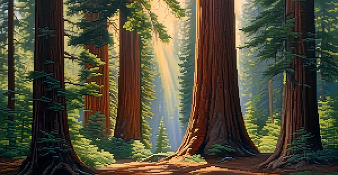 A forest scene featuring tall Giant Sequoia trees with thick reddish-brown bark, illuminated by sunlight filtering through the leaves, casting shadows on the ground.