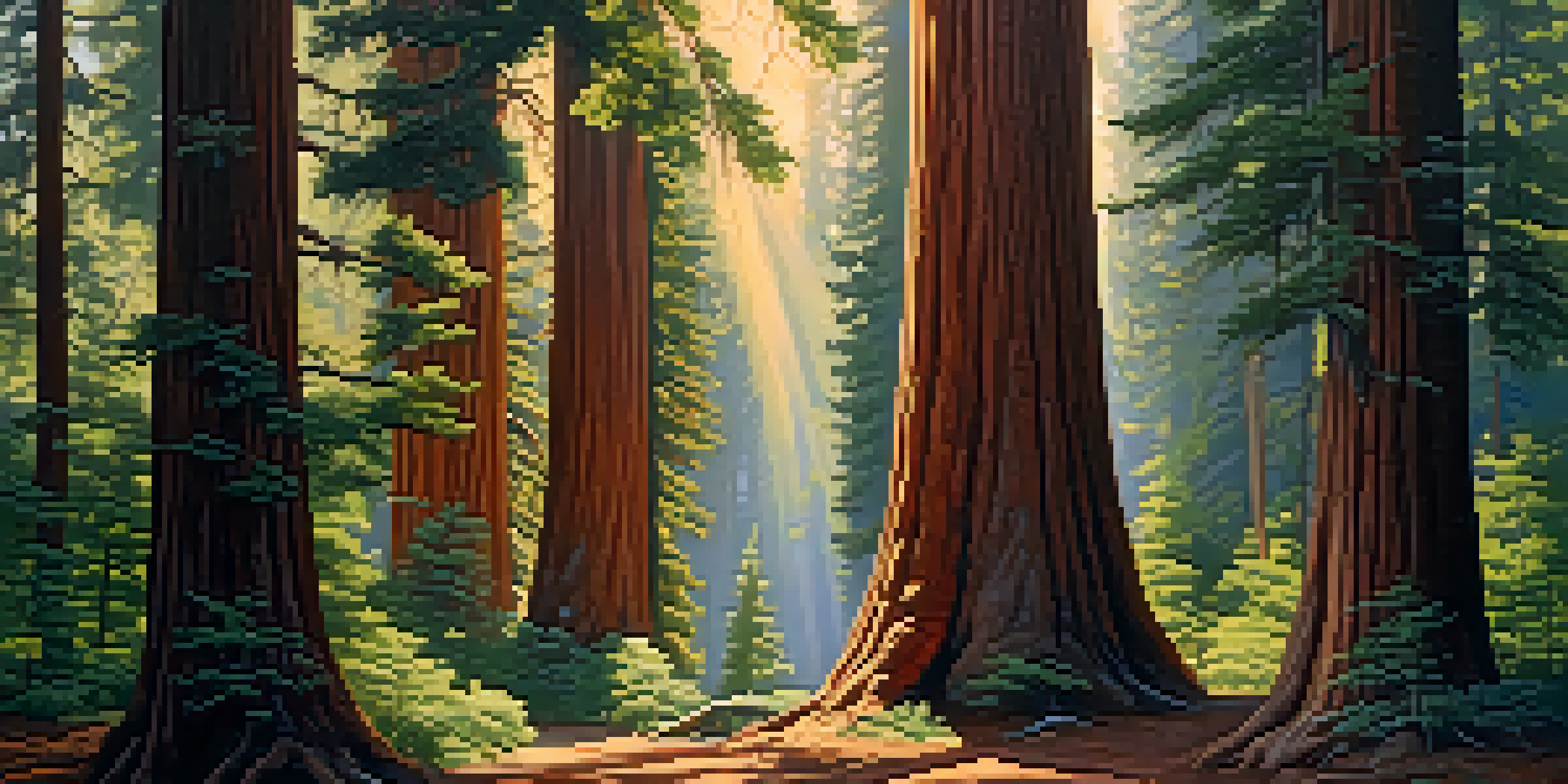A forest scene featuring tall Giant Sequoia trees with thick reddish-brown bark, illuminated by sunlight filtering through the leaves, casting shadows on the ground.