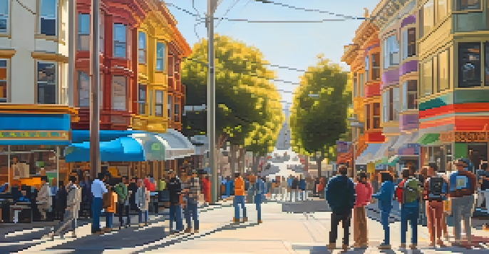 A lively urban scene in San Francisco with artists painting murals and people admiring the artwork in warm afternoon light.