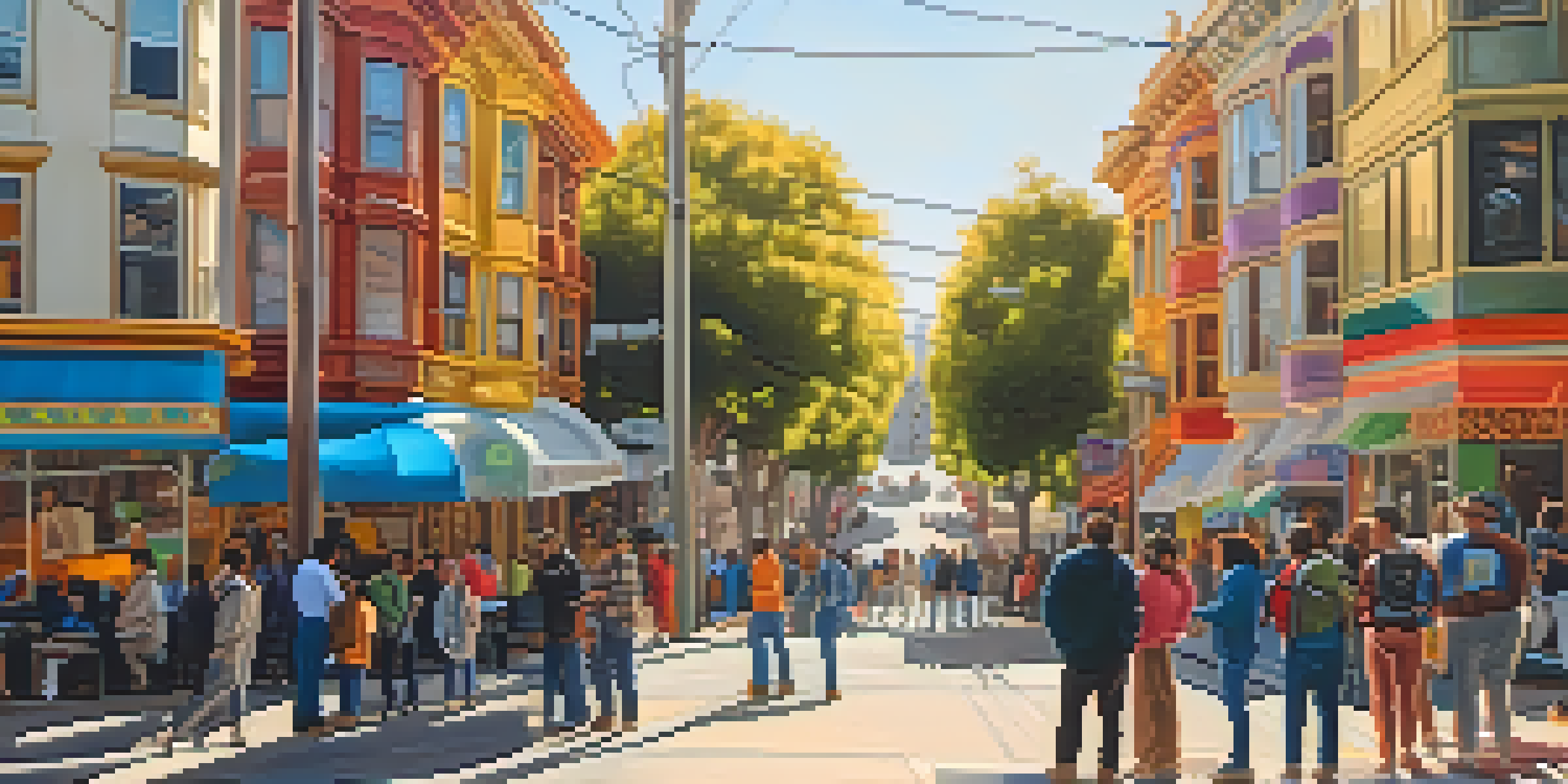 A lively urban scene in San Francisco with artists painting murals and people admiring the artwork in warm afternoon light.