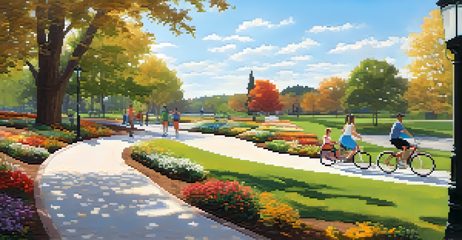 A beautiful biking trail in a park with families picnicking and flowers along the path.