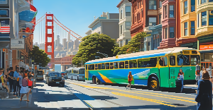 A busy San Francisco street with a modern electric bus and diverse commuters using mobile apps, featuring the Golden Gate Bridge in the background.