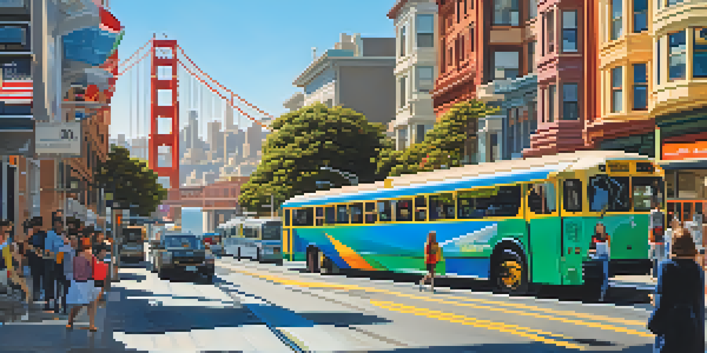 A busy San Francisco street with a modern electric bus and diverse commuters using mobile apps, featuring the Golden Gate Bridge in the background.
