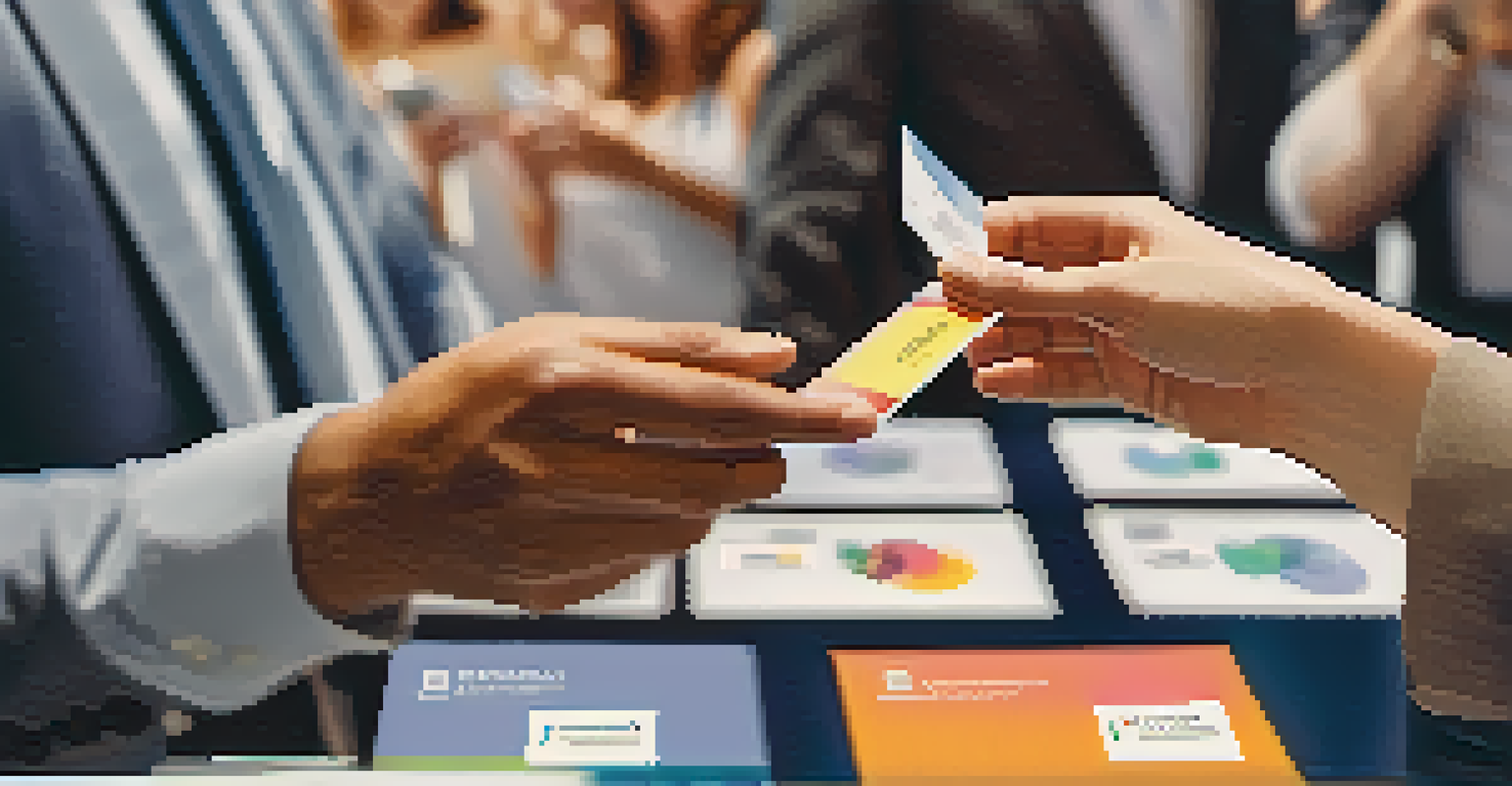 Close-up of two attendees exchanging business cards at a tech conference, highlighting modern card designs.