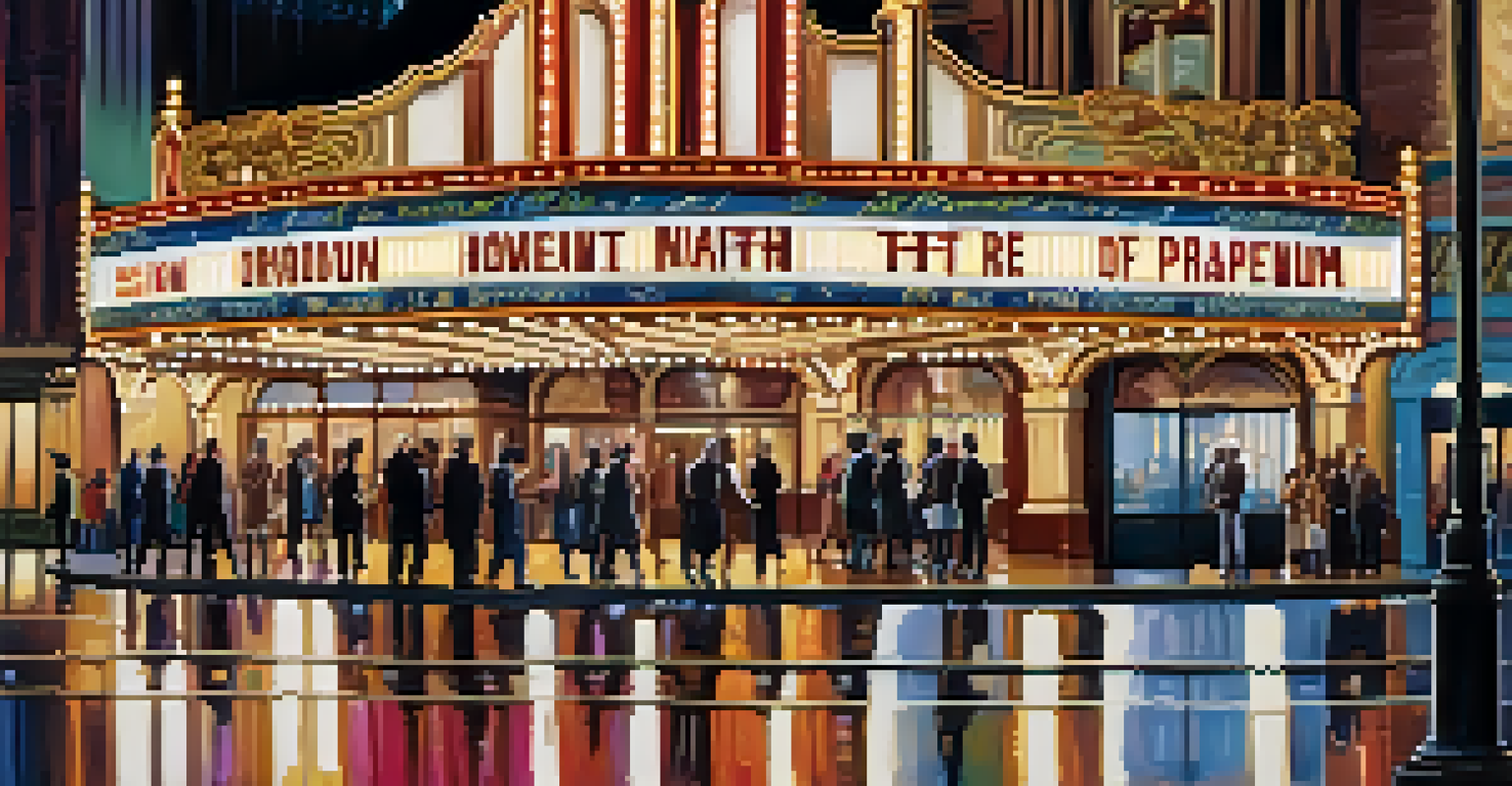 Exterior view of the Orpheum Theatre at night, featuring colorful lights and a bustling street scene.
