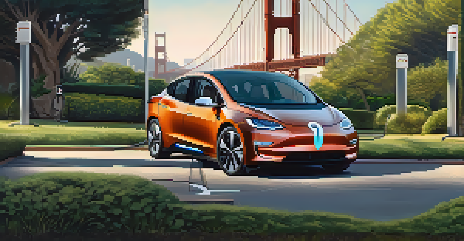 A close-up of an electric vehicle charging at a station, with the Golden Gate Bridge in the background.