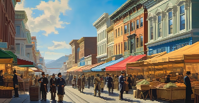 A historic street scene in San Francisco with market stalls, diverse people in period clothing, and iconic Victorian buildings in the background on a sunny day.