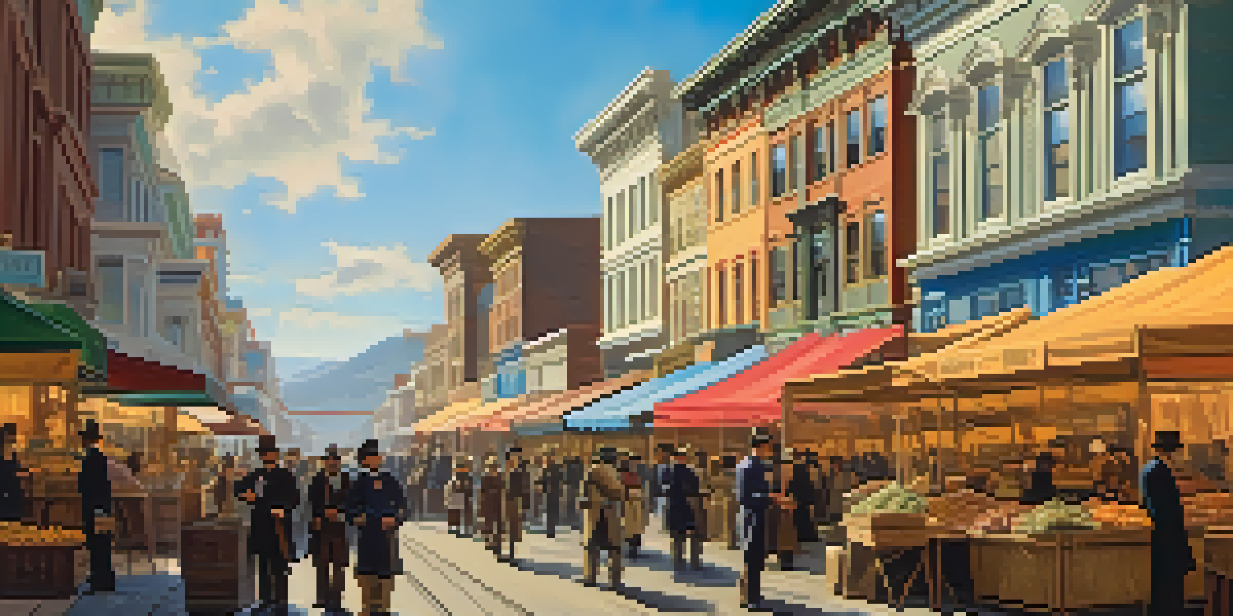 A historic street scene in San Francisco with market stalls, diverse people in period clothing, and iconic Victorian buildings in the background on a sunny day.