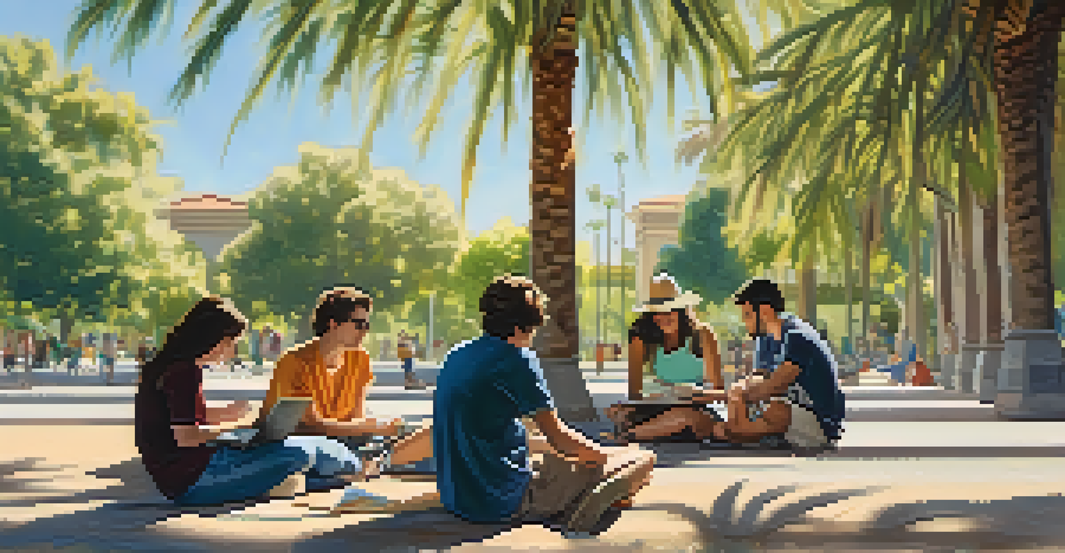 Students at Stanford University discussing ideas under palm trees, with sunlight filtering through leaves, some sketching and others using laptops.