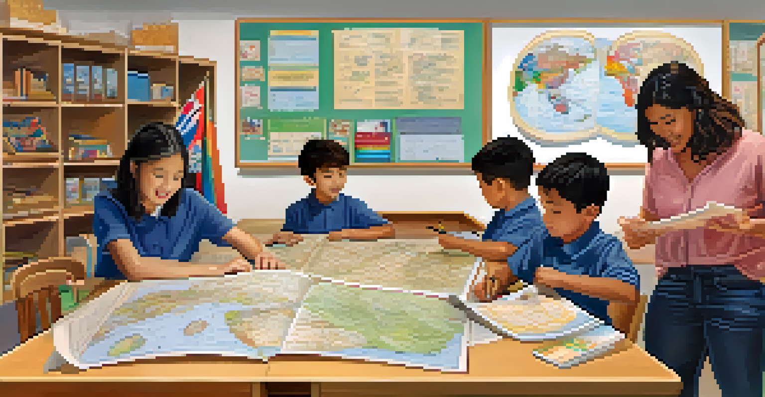 A diverse classroom with students participating in a bilingual education program, filled with maps and cultural artifacts.