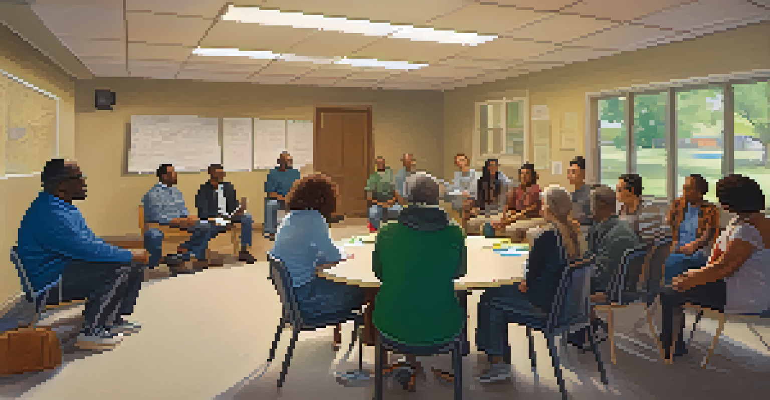Residents gathered in a circle at a community center, discussing local issues with a whiteboard filled with ideas in the background.