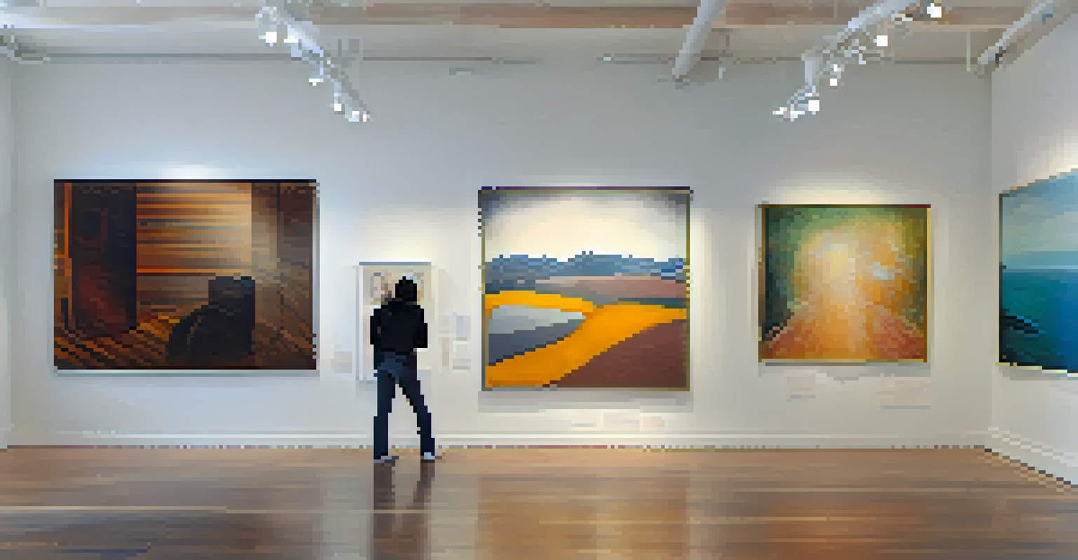 An intimate interior of an art gallery in the Mission District, with contemporary artworks displayed under soft lighting and visitors engaging with the art.