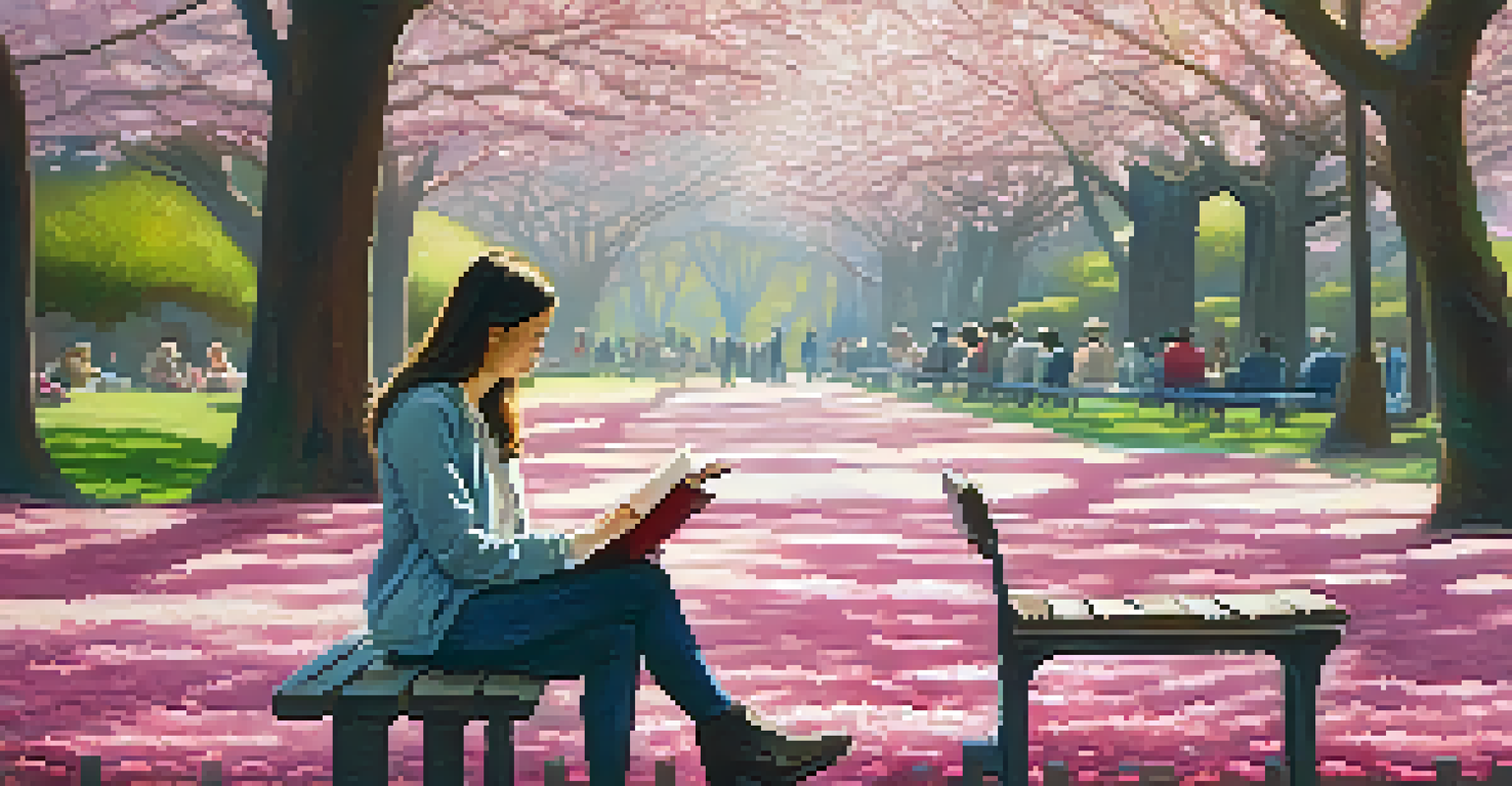 A writer sitting on a bench in Golden Gate Park surrounded by blooming cherry blossom trees.