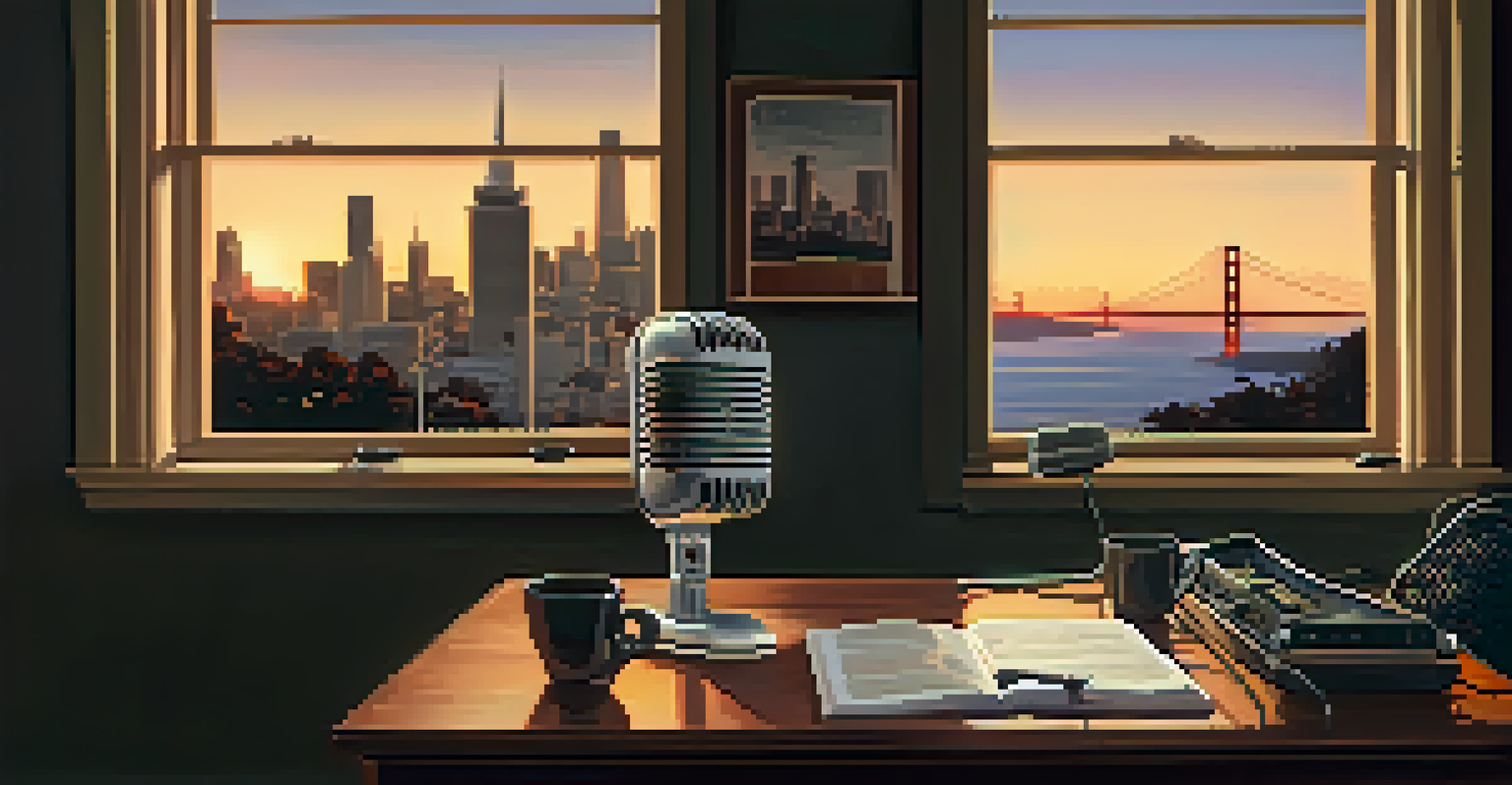 An intimate podcast studio with a vintage microphone, headphones, and warm lighting, showcasing the San Francisco skyline at sunset through a window.