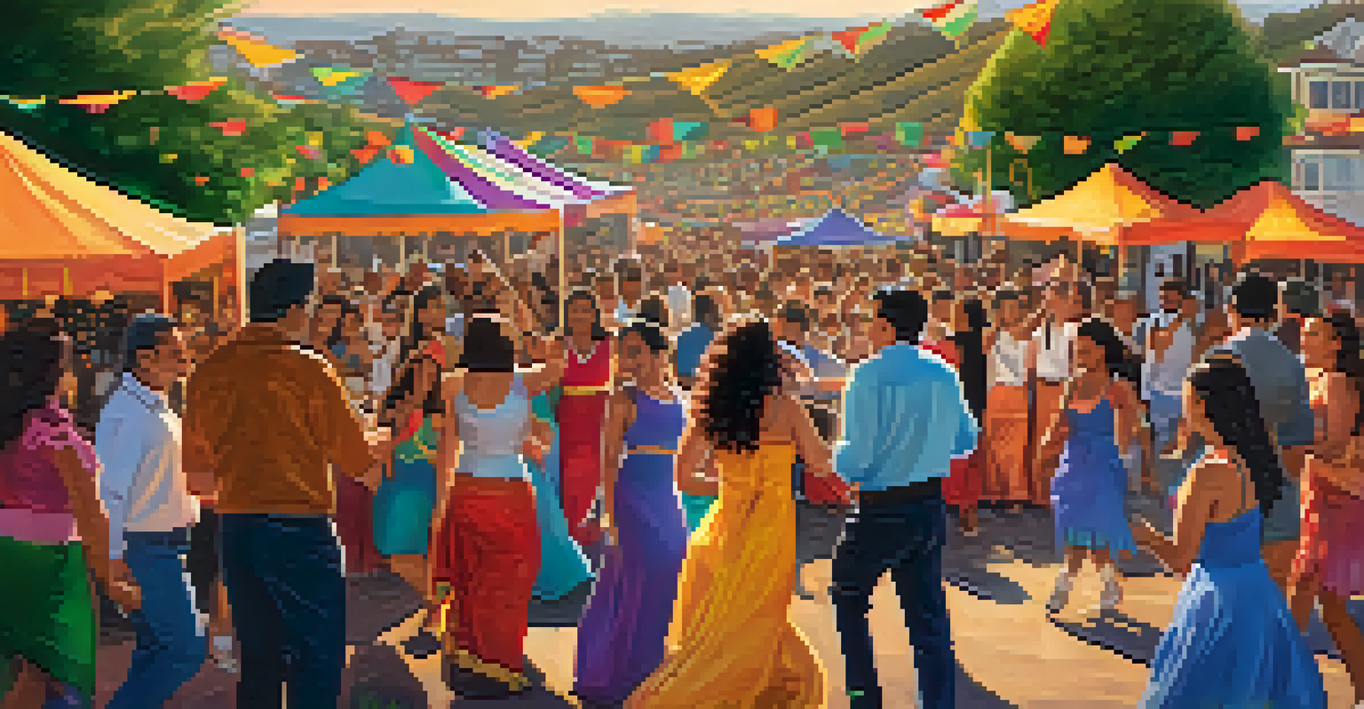 A festive scene from Fiesta on the Hill, featuring dancers in traditional attire and families enjoying Latinx culture in Bernal Heights.